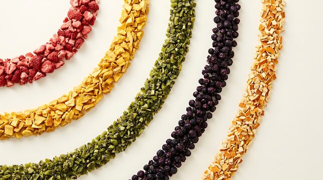 Colorful lines of small food pieces arranged in curved rows for a healthy snack or ingredient concept. colorful fruit granules