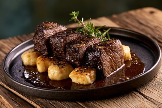 Grilled beef steak, potato, sauce, herb, plate with seared meat cubes and garnish on rustic wooden table, savory restaurant meal close up