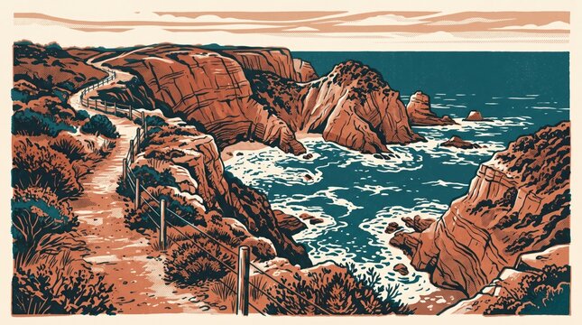 Rugged coastal footpath and sea cliffs in a two color print. AI generative
