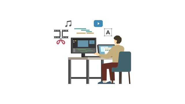 フラットイラストアニメーション：PCで動画編集する男性 