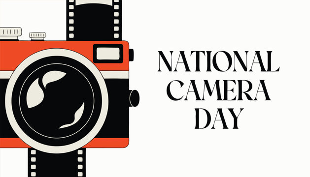 National camera day with a vintage camera and strip on white background