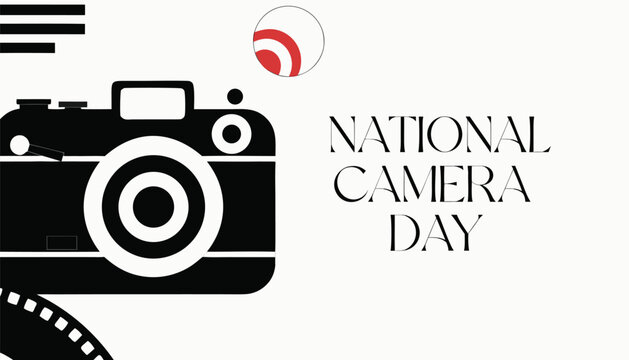 National camera day with a black camera and strip on white background