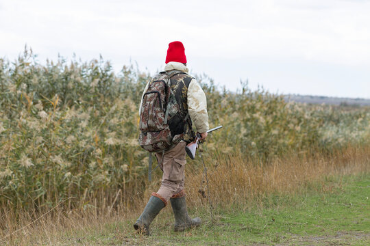 A hunter with a gun in camouflage clothing. A gentleman with a gun, medium shot, unrecognizable.