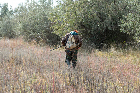 A hunter with a gun in camouflage clothing. A gentleman with a gun, medium shot, unrecognizable.
