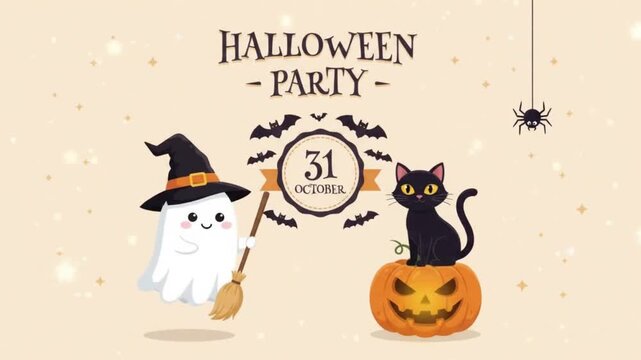 2D Flat Vector Character Animation of Ghost Witch and Sheet Cat for October 31 Halloween Party