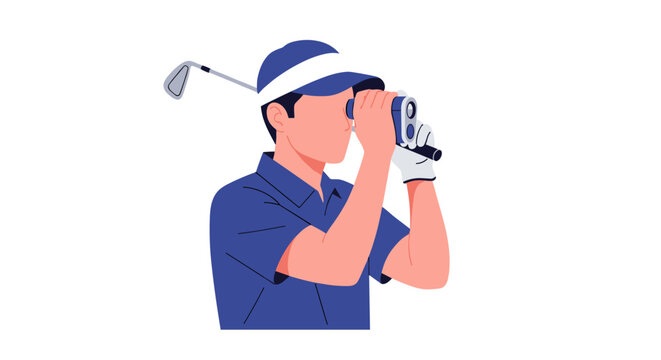 Male golfer using rangefinder distance meter illustration, athlete with golf club and visor flat vector design isolated on white background graphic
