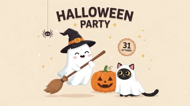 2D flat vector animation of a cute ghost witch with broom and cat in ghost costume for October 31 Halloween party invitation.