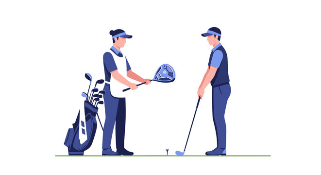 Professional Golf Player and Caddy Illustration Vector Concept with Clubs and Golf Bag on the Green Course Outdoor Sports and Recreation Scene