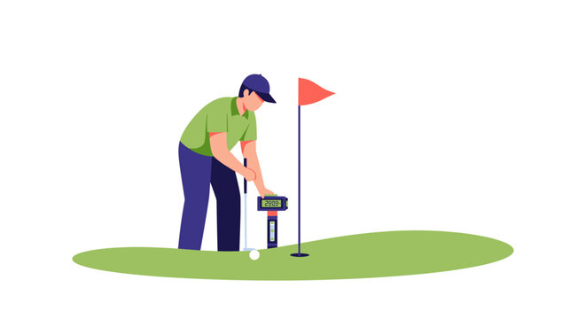 Flat vector illustration of a golfer using a digital measurement tool on the green grass near the hole and flag during a sports activity session.
