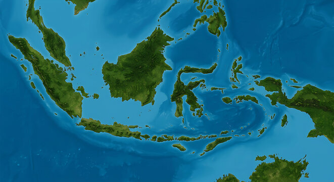 An illustrative satellite-style map showing the Indonesian archipelago, featuring detailed green landmasses of Sumatra, Java, Borneo, Sulawesi, and Papua set within deep cerulean blue oceans