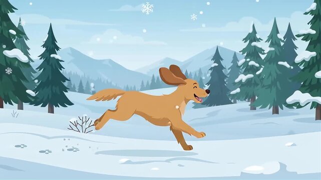 A cheerful golden retriever dashes across a snowy winter forest landscape with pine trees, distant mountains and falling snowflakes, evoking playful energy, outdoor adventure and seasonal joy.