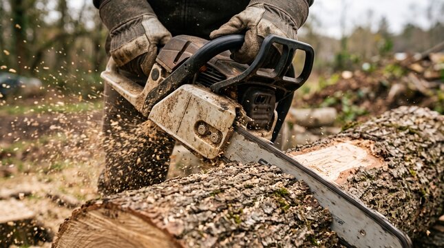 Professional lumberjack using a chainsaw to cut through a thick wooden log in the forest, with flying sawdust and wood chips