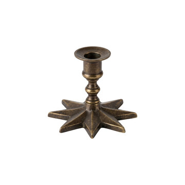 A vintage style antique brass candlestick holder with a star shaped base isolated on transparent background