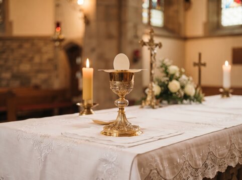 A golden chalice topped with a communion host stands on a white lace-trimmed altar cloth, beside tall candles, white flowers, and a crucifix in a softly lit stone church