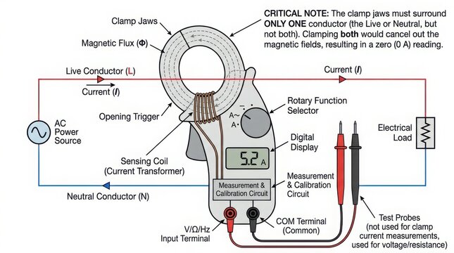 5.2A clamp meter measuring current through live neutral conductors