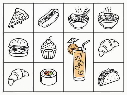 Doodle Food Icons Set: Pizza, Burger, Sushi, Drink, Noodles, Taco
