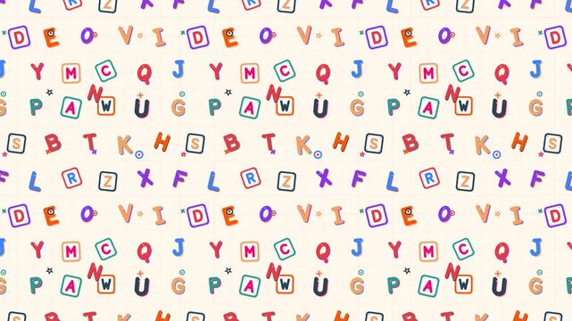 Seamlessly looping 10-second 2D flat vector educational pattern featuring all 26 colorful alphabet letters (A-Z), geometric typography blocks, stars, and playful shapes drifting diagonally with smooth