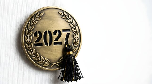Bronze graduation medallion for the class of 2027 with a black tassel, isolated on white background