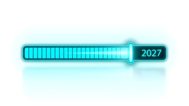 Neon glowing progress bar loading to the year 2027 isolated on white background
