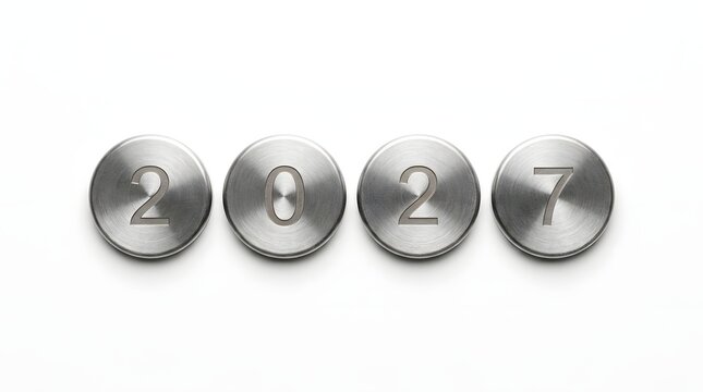 Metal circular buttons with the number 2027 engraved on them, isolated on white background