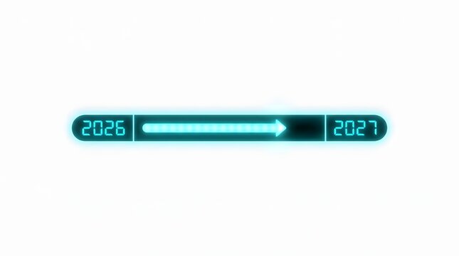 Neon glowing progress bar showing transition from year 2026 to 2027 isolated on white background