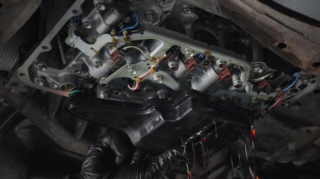 Auto mechanic in gloves replaces automatic transmission filter during gearbox oil change. Dirty transmission fluid drains out during car service maintenance.