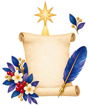 Christmas nativity scroll with Star of Bethlehem, floral wreath and quill on transparent background. Christian Christmas greeting card design. Biblical holiday stationery and invitation