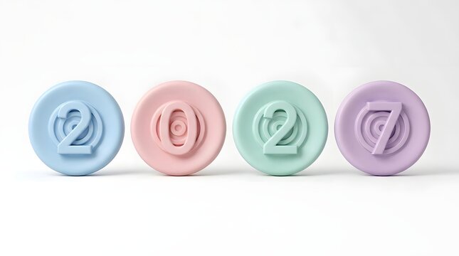 3d render of the year 2027 represented by colorful pastel circular buttons isolated on white background
