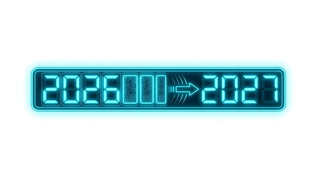 Neon digital display showing the transition from year 2026 to 2027 with circuit board texture, isolated on white background
