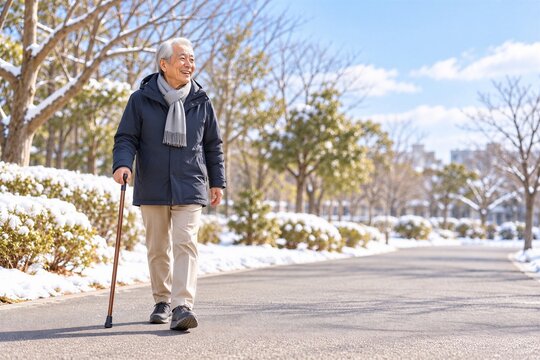 雪の残る冬の公園で杖を使って歩く日本人高齢男性