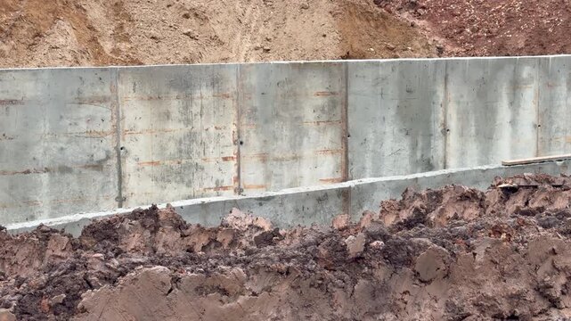 Concrete retaining walls and piles of brown soil are seen at a construction site. Industrial reinforcement process, ground works development, building foundation preparation, architecture engineering.
