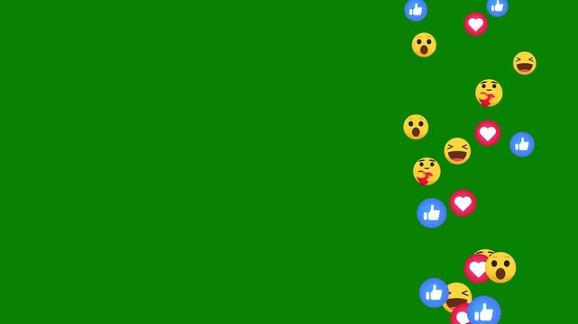 Floating social media live reaction emoji animation on green background with like love care wow and haha icons