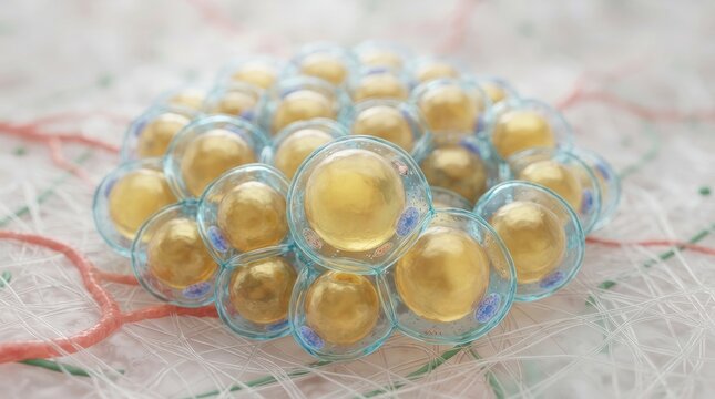 A cluster of golden spherical cells with blue nuclei resting on a delicate weblike biological structure