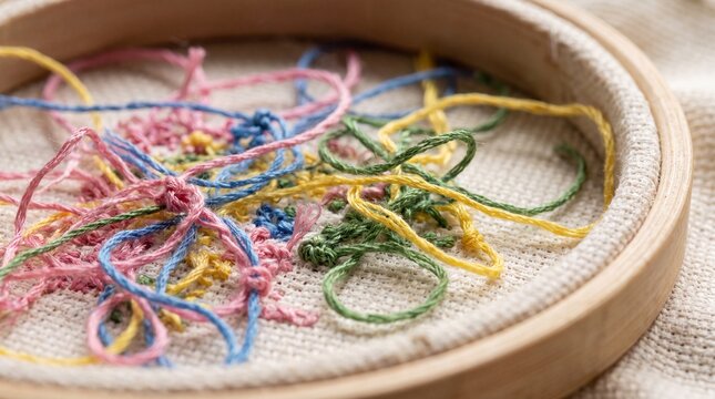 Back Side of Cross Stitch Showing Tangled Colorful Thread Ends