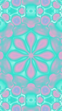 Vibrant abstract kaleidoscope pattern with pastel mint green and pink floral shapes.