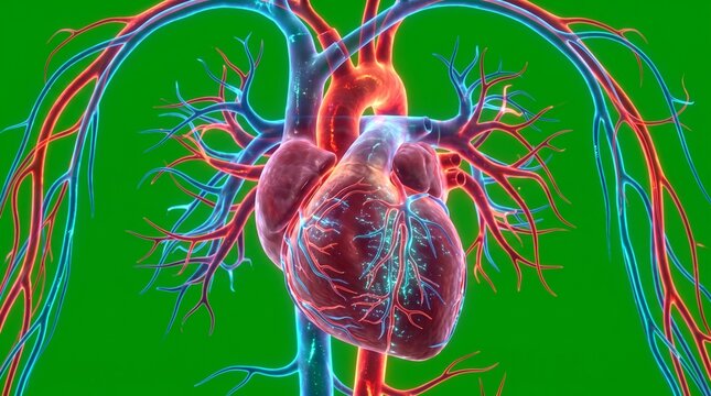 Detailed 3D anatomical model of human heart and circulatory system on green background