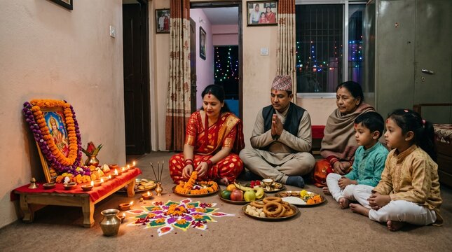 Nepalese Hindu family praying during Tihar or Diwali festival puja at home with offerings
