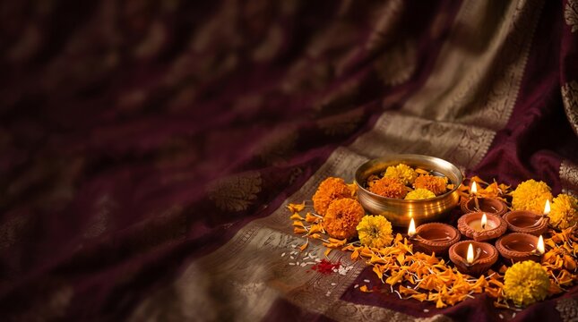 Traditional Diwali setup with burning oil lamps, marigold flowers, and brass bowl on saree fabric