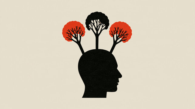 Silhouette of human head with trees growing from brain on beige background  