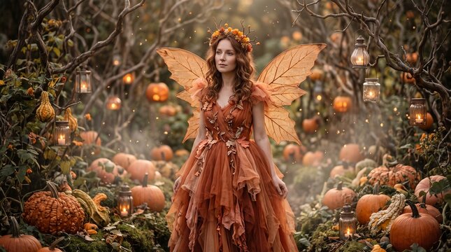 Beautiful autumn fairy with wings standing in a mystical forest filled with pumpkins and glowing lanterns