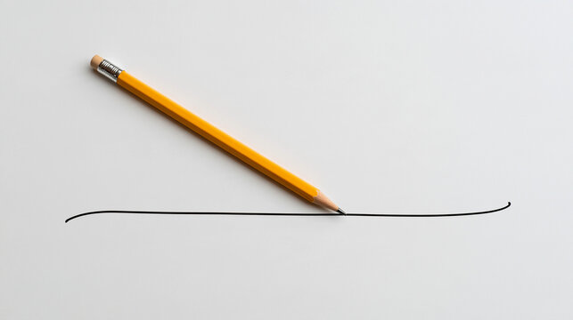 Yellow pencil drawing a curved line on white paper  