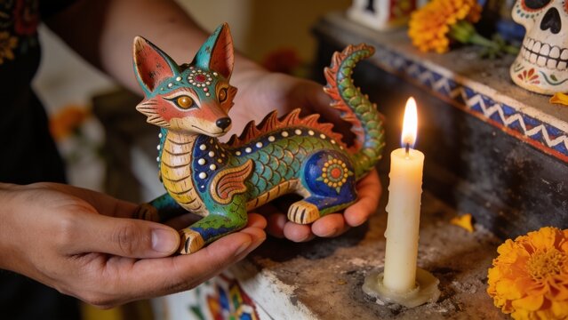A person gently holds a colorful handcrafted Mexican alebrije figurine beside a lit candle and a traditional D&iacute;a de los Muertos altar. The small fantastical animal sculpture features vivid turquoise, 