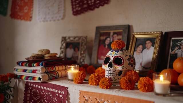 A traditional Mexican D&iacute;a de los Muertos ofrenda altar arranged inside a modest home, with a decorated white sugar skull, orange marigold flowers, lit candles, framed family photographs, oranges, brea