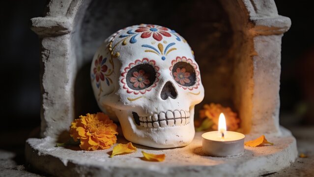 A traditional Mexican D&iacute;a de los Muertos ofrenda altar inside a modest Mexican home, carefully arranged marigold flowers, a single beautifully decorated sugar skull, small glass candles, folded embroi
