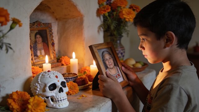 A young boy quietly holds a framed photograph of his grandmother while standing beside a traditional D&iacute;a de los Muertos ofrenda in a Mexican home. The altar is decorated with marigolds, candles, fruit