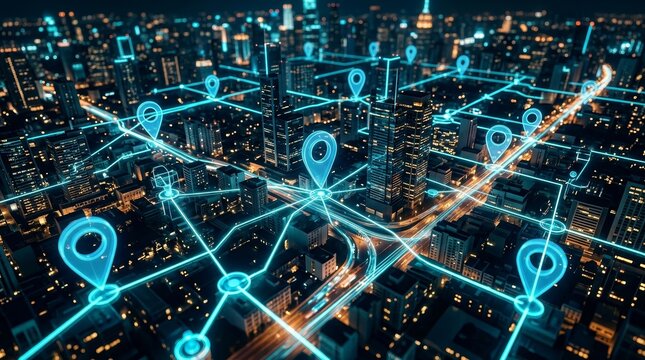 Cityscape at night featuring glowing blue network lines and digital map transport routes.