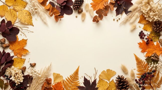 Frame of colorful autumn leaves and dried plants on beige background