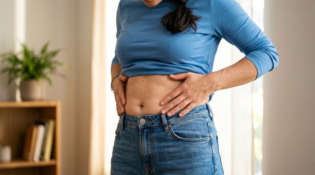 Healthy body midsection close-up of a woman with soft belly and skin.