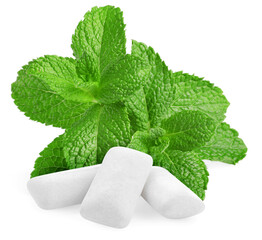Menthol chewing gum pieces and green mint leaves isolated on white © New Africa