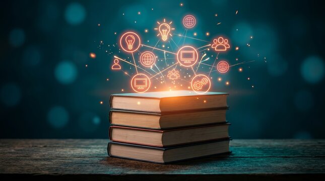 Technology transforms knowledge sharing and education with digital icons and books.